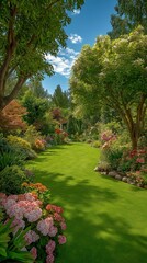 Obraz premium Gorgeous private backyard landscaping including a lively garden and a lush, green lawn