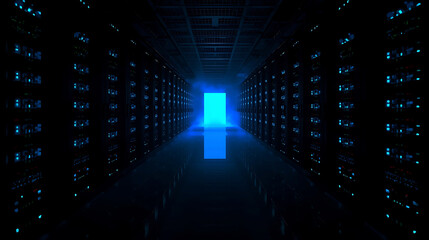 Server room with glowing blue light at the end representing technology and information storage
