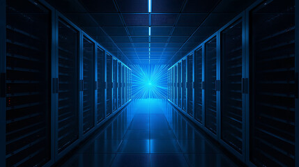 Server room with blue lighting and futuristic design showcasing data storage and processing power