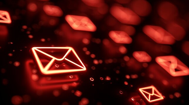 Glowing red envelope icons on a dark background with blurred light effects, concept for email marketing, digital communication and network connection