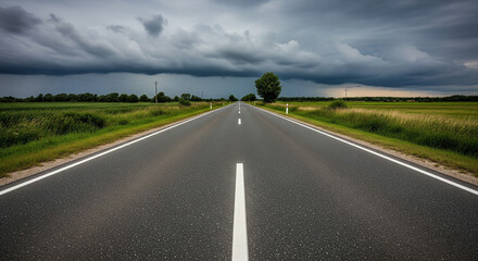 Fototapeta premium A straight, empty paved road leads to a threatening horizon of storm clouds, a dramatic landscape.