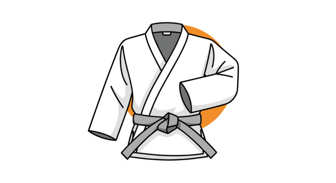 A white martial arts uniform with a grey belt is ready for training.