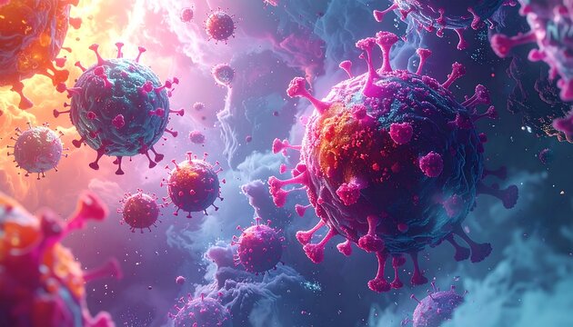 Colorful artistic rendering of virus particles floating in a celestial environment