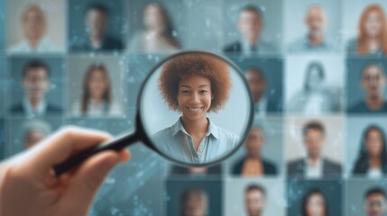 Hand holding magnifying glass focusing on a smiling woman in a virtual meeting on a blurred background, concept for talent acquisition, online recruitment and headhunting processes