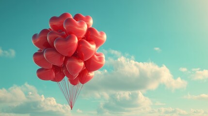 Red heart-shaped balloons floating against a bright blue sky with soft clouds, concept for romantic invitation, love celebration and wedding decoration