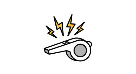 An illustration of a whistle blowing loudly with yellow lightning bolts emanating from it.