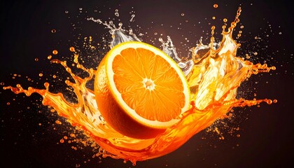 Juicy Orange Half Bursts with Vibrant Liquid and Water Splashes