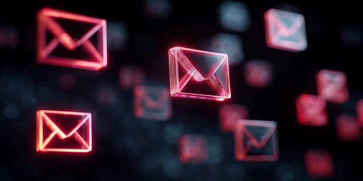 Abstract glowing red email icons floating against dark background, concept for digital communication, online marketing and social media messaging