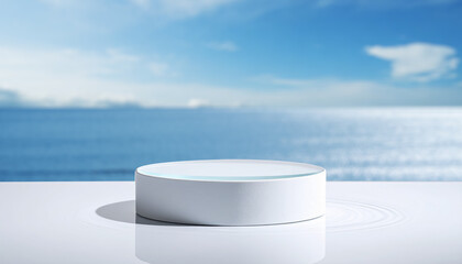 ディスプレイ用の白い円柱の台座　空白の空間とさわやかな海と青空の背景　商品・展示の台