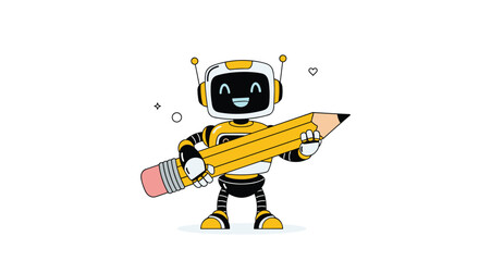 Cute robot holding a big pencil on a white background.
