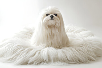 Elegant Maltese dog portrait on fluffy rug evokes luxury and comfort, ideal for pet product ads or heartwarming animal-themed content