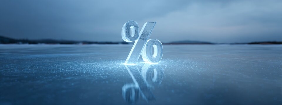 Transparent ice percent symbol on frozen lake. Concept of cold economy, interest rates, winter finance, frozen assets, risk. banner 