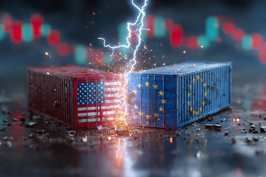 Two containers, one with the US flag and one with the EU flag, colliding with lightning sparks on dark backdrop. Concept for trade war, international relations and economic conflict