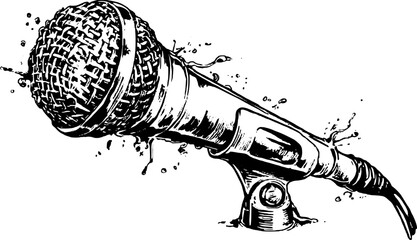 Vintage microphone engraving illustration in detailed line drawing style. Black and white vector art set of audio equipment.