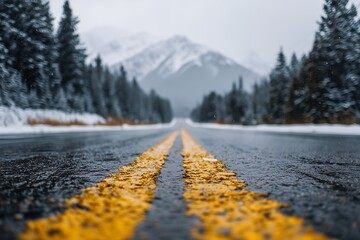 Winter road stretches toward snowy mountains with evergreen trees, wet asphalt surface with yellow lines, concept for travel destination, scenic routes and seasonal journey