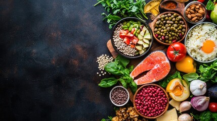 Fresh Ingredients for Healthy Meal Preparation Including Vegetables, Fruits, Nuts, and Fish on Dark Background