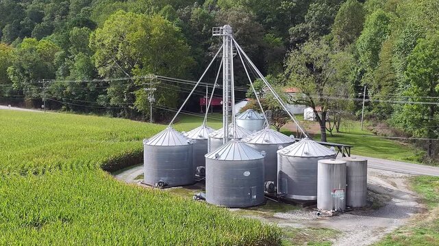 Drone point of view cornfield and Silos