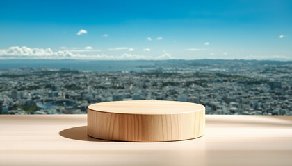  ディスプレイ用の白い木製の円柱の台座　空白の空間とさわやかな青空と街並みの背景　商品・展示の台