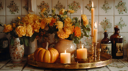 Autumn-themed still life with yellow and orange flowers, pumpkins, and candles on a gold tray in a kitchen.