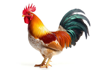 Majestic rooster with vibrant plumage standing tall, a symbol of farm life and heritage, evoking rustic charm and morning sunrise colors