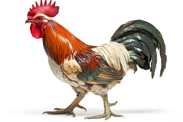 Stunning rooster strutting with vibrant feathers, perfect for farm themes, animal illustrations, or adding a touch of rustic charm to your design