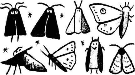 Cartoon moths in black and white style. Simple vector illustration set showcasing various insect designs.