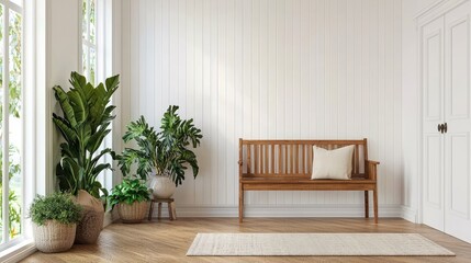 Inviting and Bright Modern Interior with Wooden Bench and Lush Green Plants in a Sunlit Room