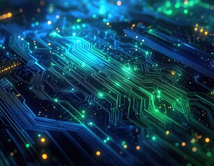 Detailed view of a modern electronic circuit board showcasing intricate pathways, glowing components, and vibrant blue and green illumination creating a futuristic, tech-focused visual.