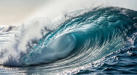 A powerful wave curls and crashes in the ocean, showcasing the beauty and force of nature.