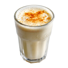 Creamy Eggnog Drink in Glass with Cinnamon Sticks and Pine Sprig isolated on transparent background