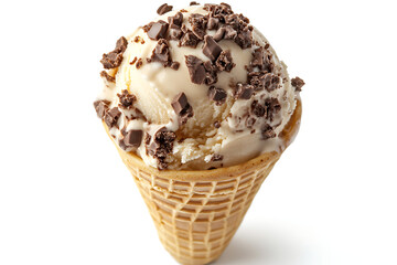 Enjoy a decadent vanilla ice cream cone with chocolate chunks, a sweet treat perfect for summer indulging, simple pleasure, and carefree delight