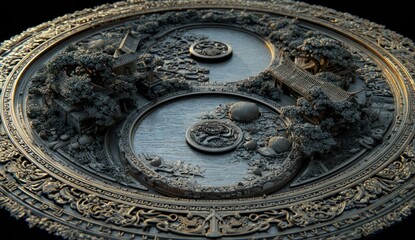 Obraz premium Intricately carved yin yang symbol with detailed landscape design