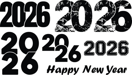 A set of 2026 happy new year illustrations, featuring various styles and designs for festive celebrations and greetings