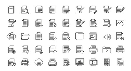 Document file management thin line icon set. Icons for edit, search, print, folder, cloud data, multimedia. Vector symbols for website UI, app, and business document flow.