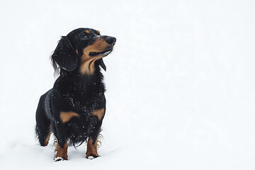 Dachshund puppy enjoying winter wonderland adventure in snow, perfect for pet product ads or heartwarming seasonal campaigns