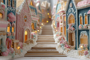 Fototapeta premium A whimsical gingerbread village with colorful icing and candy canes