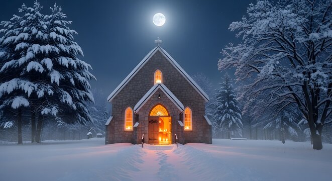 A small church is illuminated by moonlight on a snowy winter night