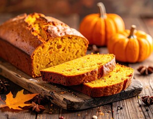 Deliciously baked loaf of bread, sliced and displayed, alongside miniature pumpkins and autumnal spices, showcasing fall season's vibrant colors and textures atop rustic wooden surface.