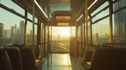 Obraz premium Golden Hour Journey: Empty Public Transit Interior with Panoramic City Skyline View at Sunrise or Sunset, Bathed in Warm Light and Reflections