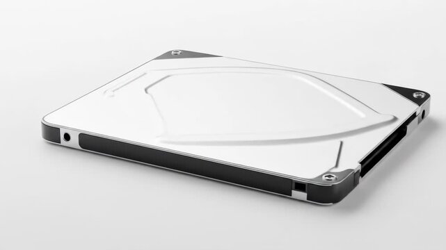 Clean, high-angle studio shot of a square silver and black external drive