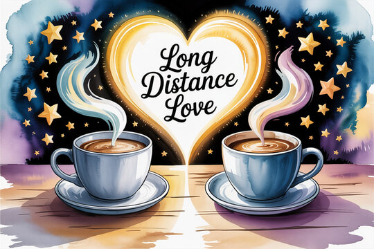 Watercolor illustration of two steaming coffee cups facing each other, handwritten quote &ldquo;Long Distance Love&rdquo; with hearts and starry night background