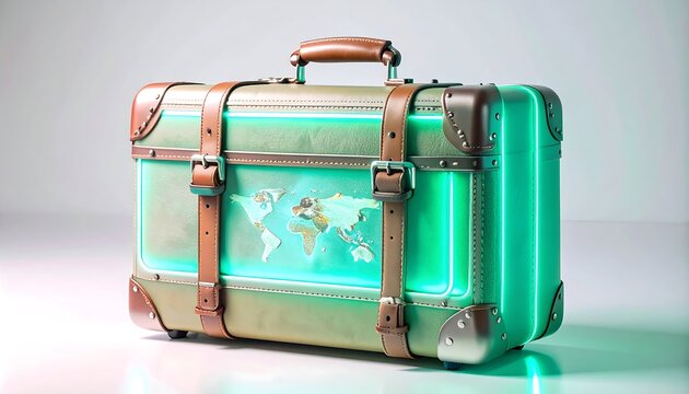 Illuminated Travel Suitcase with World Map, Glowing Neon Edges, Modern Design.