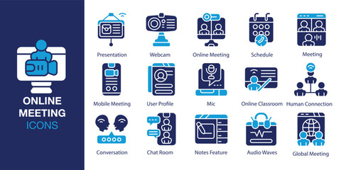 Online Meeting Icon set. Containing internet, laptop, work, office, remote, call and more. Solid vector icons collection. Vector illustration.