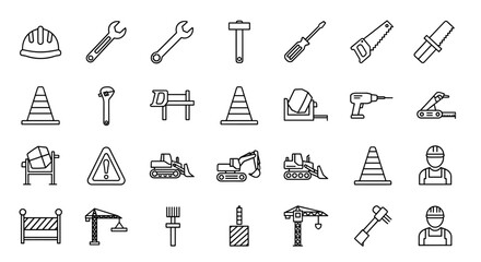 Obraz premium Construction tools and equipment icons set, safety helmet, wrenches, hammer, screwdriver, saw, traffic cones, concrete mixer, excavator, crane, worker silhouettes, vector line art illustration