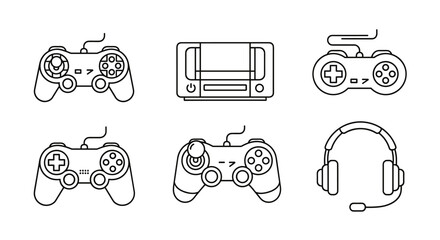 Retro gaming controllers and console line art set, vintage video game joysticks, wired gamepads, classic gaming headset with microphone, electronic entertainment devices vector