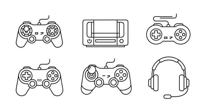 Retro gaming controllers and console line art set, vintage video game joysticks, wired gamepads, classic gaming headset with microphone, electronic entertainment devices vector