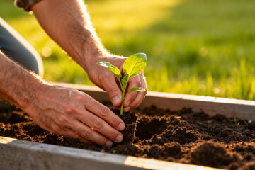 Close-up of a Gardener's Hands Gently Planting a Small Green Seedling into Rich Dark Soil in a Raised Garden Bed, Illuminated by Warm Golden Sunlight at Sunset