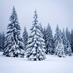 Obraz premium Winter scene of snow-covered fir trees in a serene forest