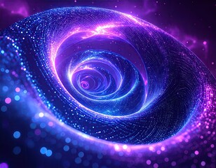 A swirling, luminous tunnel of vibrant blue and purple particles, forming a captivating abstract visual within a dark, cosmic setting.