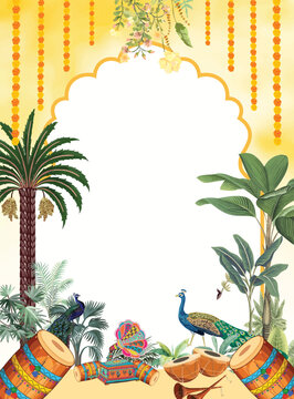 Traditional Indian Wedding invitation card Design, Holud Invitation, Weddin, Haldi Night, Peacock, Music.